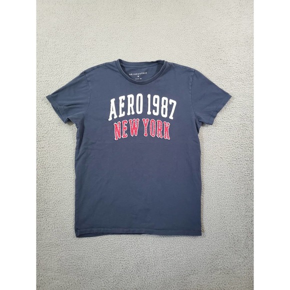 Aeropostale Shirt Mens Medium Blue Short Sleeve Spell Out Chest Logo Preppy Aero - Picture 1 of 9
